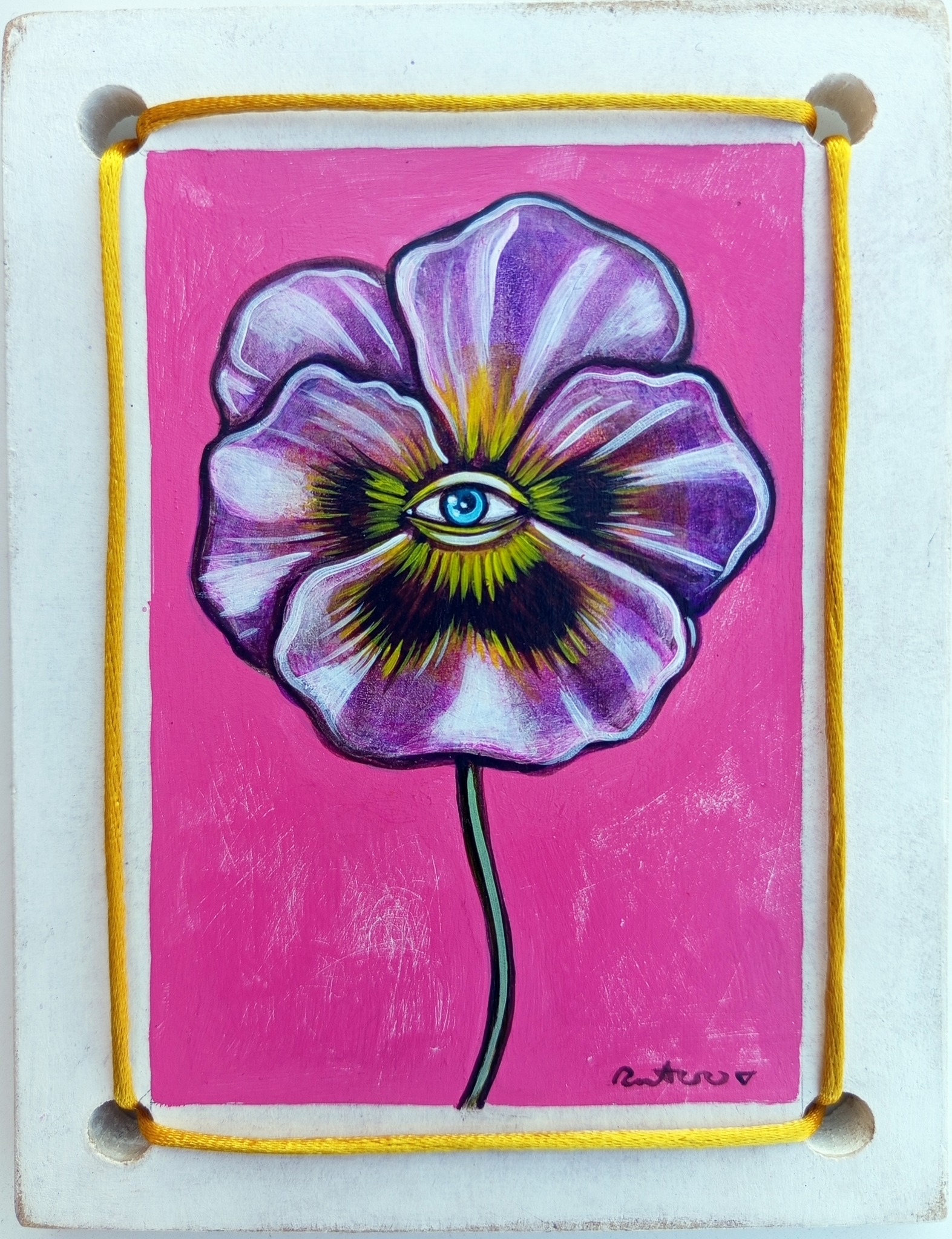 PENSAMIENTO. DISPONIBLE
Acrílico sobre tabla troquelada y cuerda de poliéster
16x12cm. 30€